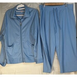 Blue French Terry Tracksuit Set Full Zip Jacket & Cropped Pants XL 16-18